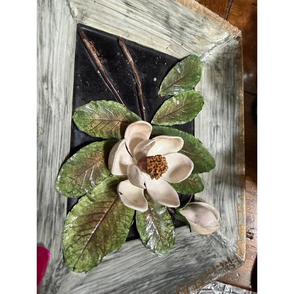 Vintage 3D Ceramic Magnolia Flower Wall Art Plaque Rustic Faux Wood Frame Square